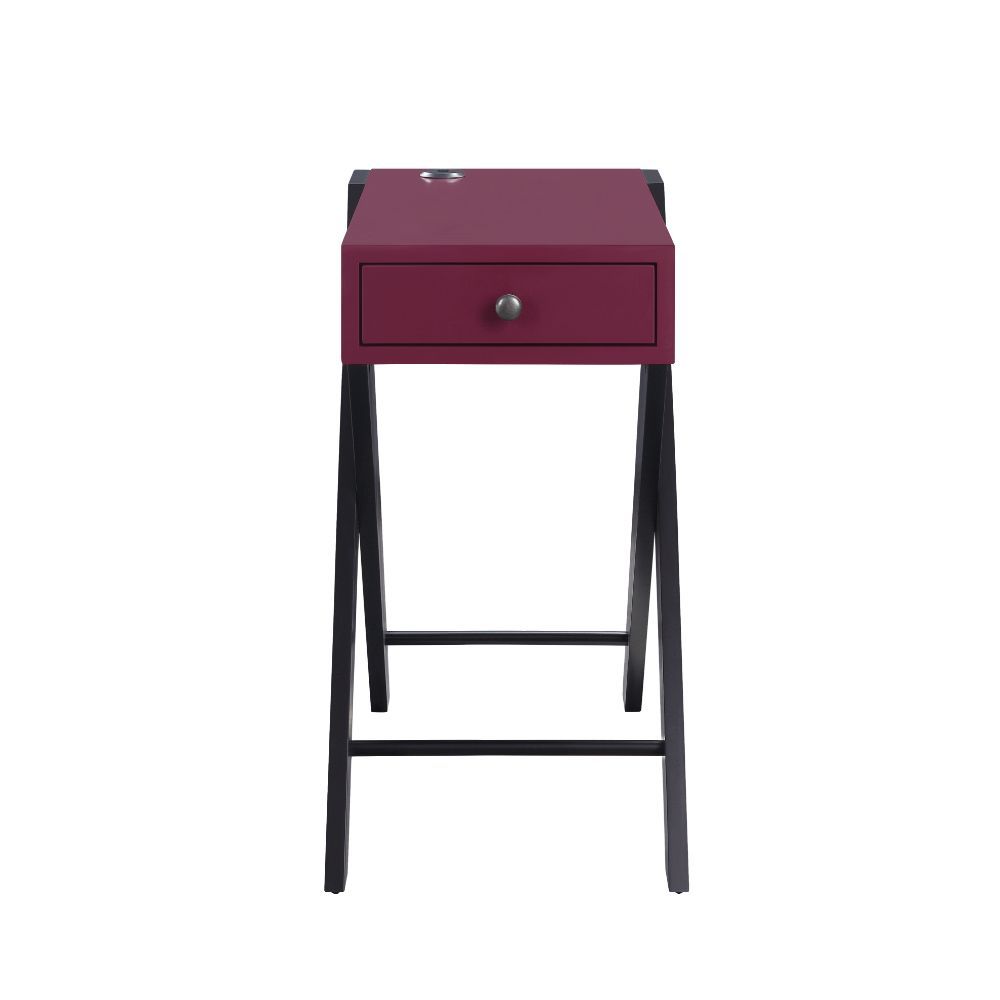 Lending a glint of glamour to your space with this Fierce side table. Available in burgundy and white finish, this piece features a wooden top with a USB power dock and X-shape side legs. While a pullout drawer offers plenty of storage for small accessori