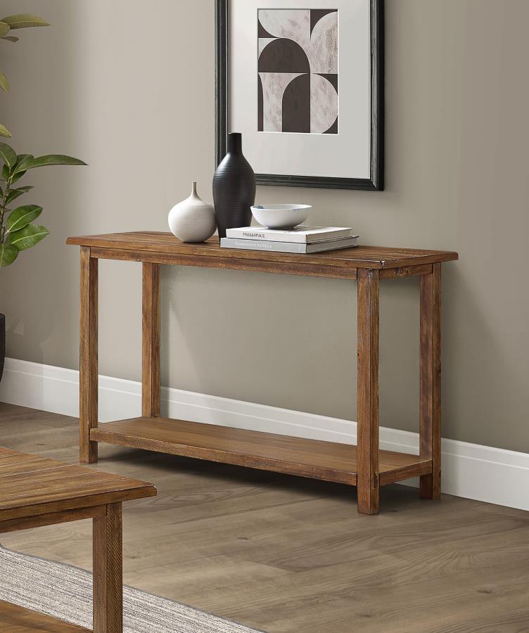 Crafted to complement both entryways and living rooms, this console table showcases a rustic aesthetic and versatile appeal. Fashioned from pine wood and reinforced with engineered wood, its open lower shelf provides ample space for baskets or decorative 