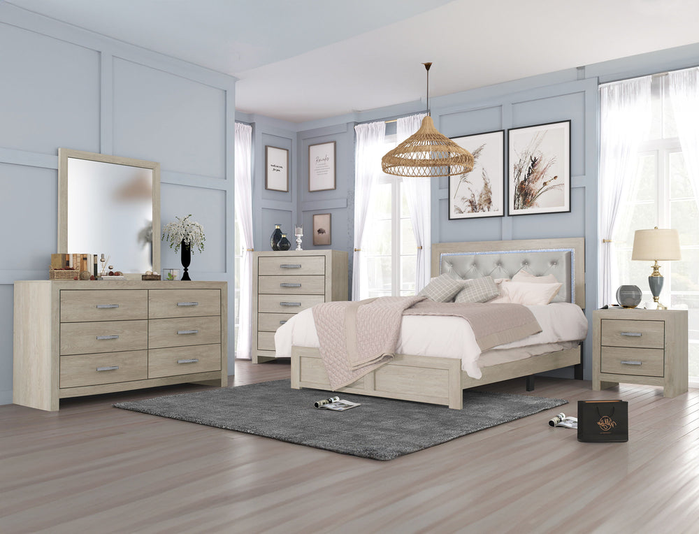 This bedroom collection exudes contemporary charm with its elegant and minimalist design. Each piece is crafted with a woodgrain finish, bringing a warm and inviting ambiance to any modern living space. The sleek lines and sparkling metal handles of the s
