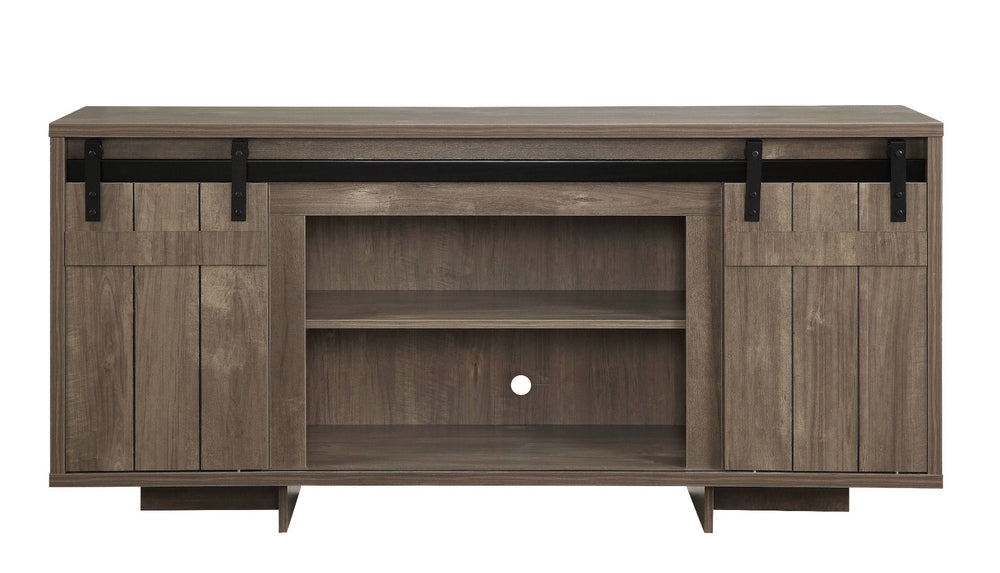 Begin designing your cozy and farmhouse style living room with the Bellarosa TV Stand. It is design with a wooden case-frame with sled base full of warm brown and rustic elements. Two sliding barn doors with metal hardware add textures to this wooden piec