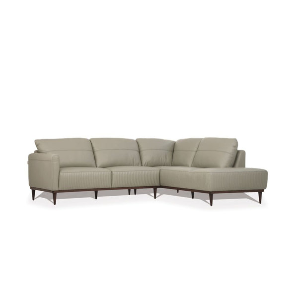  the Tampa sectional sofa is one youâ€™ll want to spend lots of time in. This beautiful pearl gray or airy green leather sofa features contrast stitching and unique wooden