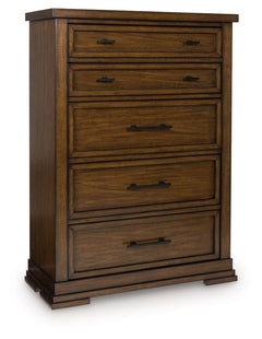 Style, simplicity and charm are hallmarks of this chest of drawers. Created with casual spaces in mind, it has the versatility to suit styles from craftsman to modern farmhouse. The rich brown finish aligns with your refined-meets-relaxed approach to ever