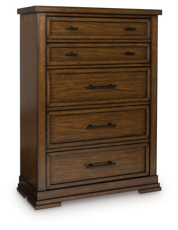 Style, simplicity and charm are hallmarks of this chest of drawers. Created with casual spaces in mind, it has the versatility to suit styles from craftsman to modern farmhouse. The rich brown finish aligns with your refined-meets-relaxed approach to ever