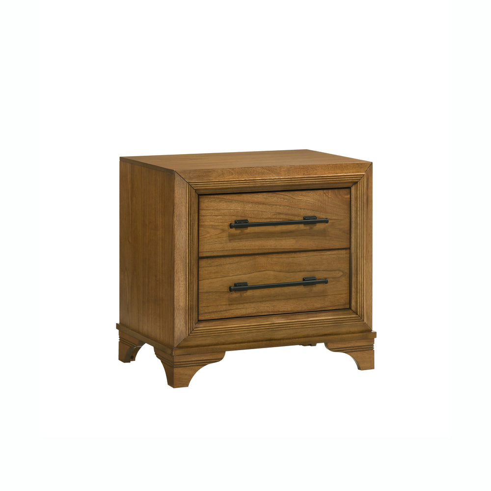 Enhance your bedroom with the Talcott Nightstand in a warm honey finish, expertly crafted from solid rubberwood, manufactured woods, and Mindy wood veneers for strength and stability. This transitional piece combines traditional and contemporary elements,