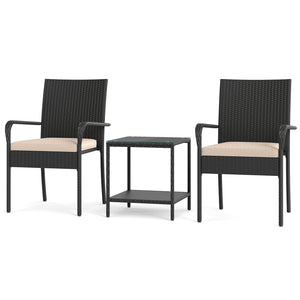 Crafted from appealing and long-lasting PE rattan<br>Comfortable to sit with ergonomic backrest and armrests<br>Soft seat cushions bring more coziness<br>Zippered cushion covers for simple maintenance<br>Side table with 2-tier design for more storage spac