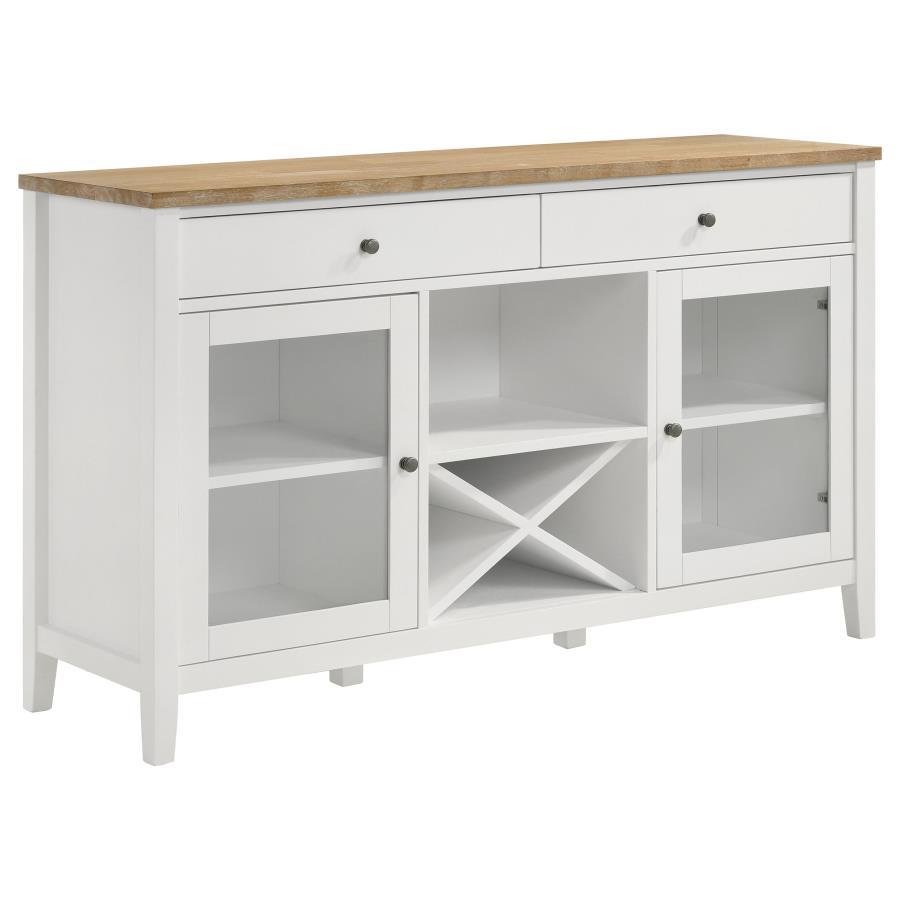 Wire brushing adds the perfect hint of rustic distressing to the table top featured on a modern farmhouse sideboard. Its two-tone look adds charm in a kitchen or dining room, with a natural wood top and crisp white base that adds contrast while maintainin