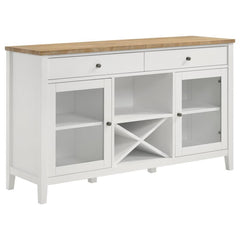 Wire brushing adds the perfect hint of rustic distressing to the table top featured on a modern farmhouse sideboard. Its two-tone look adds charm in a kitchen or dining room, with a natural wood top and crisp white base that adds contrast while maintainin
