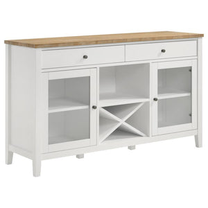 Wire brushing adds the perfect hint of rustic distressing to the table top featured on a modern farmhouse sideboard. Its two-tone look adds charm in a kitchen or dining room, with a natural wood top and crisp white base that adds contrast while maintainin