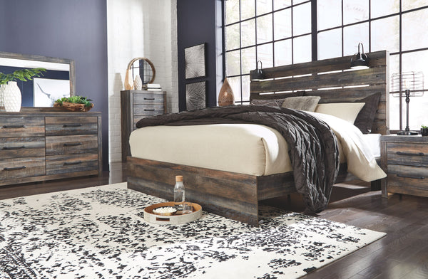 Burnt orange and teal colors accent a brown rustic finish in a replicated woodgrain with authentic touch. Large scaled dark colored handles. Cases feature a framed front and pilasters. All panel headboards (53,57,58,87) feature decorative matte black scon