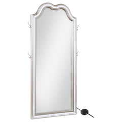 Chic couture style is a featured element of a lighted LED floor mirror well suited to fashionable living spaces. The Evangeline floor mirror offers a shapely silhouette with an arch top and rectangular profile. Its pine wood frame offers a silver oak fini