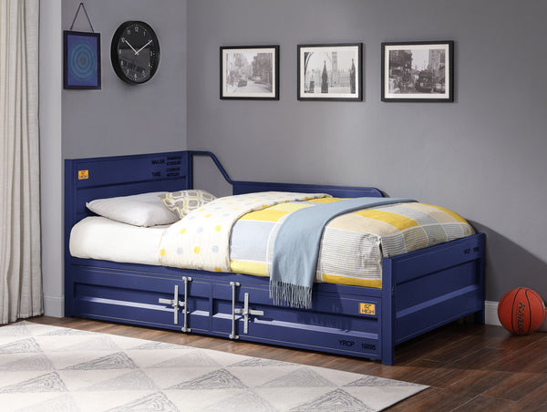 Daybed & Trundle (Twin Size), Features: Metal Frame, Recessed Panels, Cargo Container Style, Full-Length Container Lock, Roll-Out Trundle Included, Recommended Trundle Mattress Height: 7 Inches (Twin Size)
