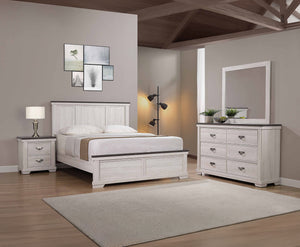 This bedroom set embodies a breezy, transitional style that harmonizes with any decor. The gracefully designed bed, with its panel headboard and soothing finish, invites a sense of calm and simplicity. Complementing the bed are the dresser and mirror, tal