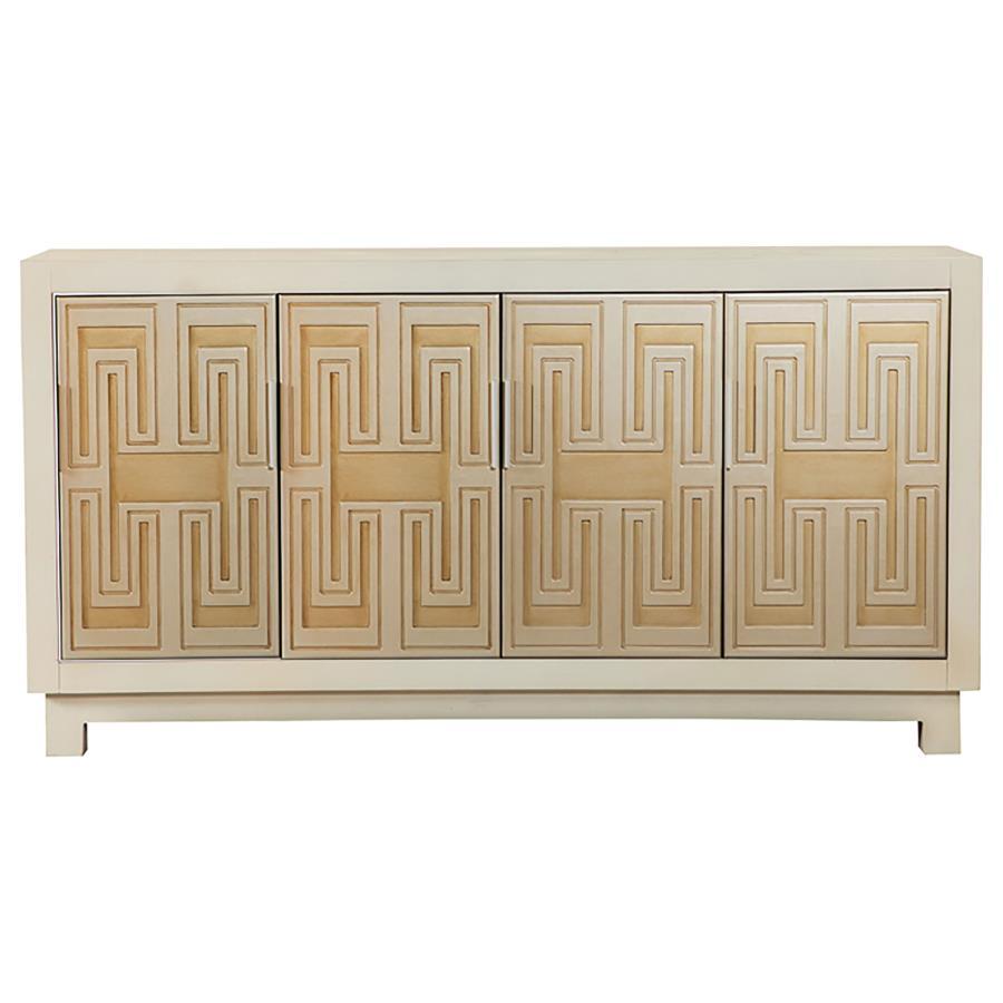 Elevate your space with bold Art Deco flair using this striking accent cabinet. Featuring a Greek key pattern across its four doors, this piece blends timeless design with modern charm. A tri-tone palette of white, gold, and silver adds sophistication, wh