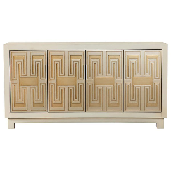 Elevate your space with bold Art Deco flair using this striking accent cabinet. Featuring a Greek key pattern across its four doors, this piece blends timeless design with modern charm. A tri-tone palette of white, gold, and silver adds sophistication, wh