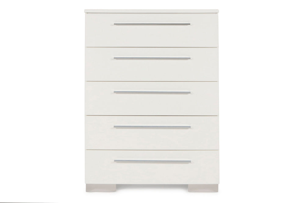 Enhance your bedroom with the Sapphire Modern 5-Drawer Chest in high gloss white. Crafted from high-quality manufactured wood, this chest features a flawlessly smooth, ripple-free surface and a glossy white laminate finish for a sleek, contemporary look. 
