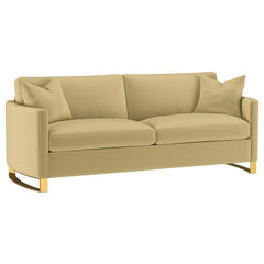 Indulge in opulent comfort with this textured velvet sofa. Its reversible feather blend seat and back cushions, complemented by curved arms and gold stainless steel legs. Smooth upholstery and lustrous details blend simplicity with timeless splendor, maki
