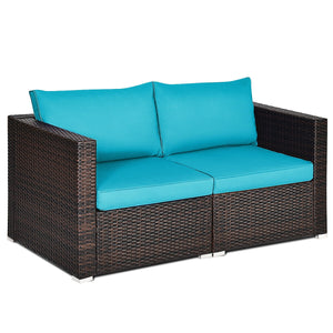Power coated and solid steel frame adds sturdiness and durability<br>Tight and hand-woven rattan to withstand change of weather<br>2 of the corner sofas can be used separately<br>Aluminum foot pads protect bottom rattan from scratching<br>Wide armrest for