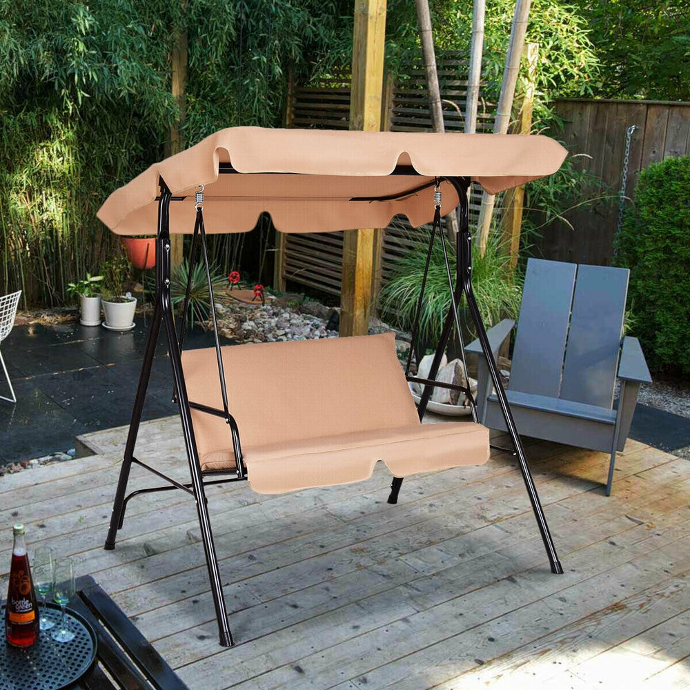 Brand New And High Quality<br>Outdoor Loveseat Swing Chair<br>Providing Two Comfortable Seats<br>With A Waterproof Top Canopy  Protecting You From Ultraviolet Ray And Drizzle<br>Black Steel Frame  Durable And Sturdy<br>With Seat And Back Cushion Add Comfo
