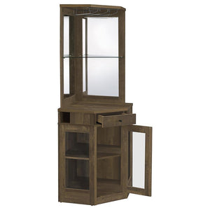  this cabinet comes in a rustic oak finish and features a mirrored back panel. Store your finest li