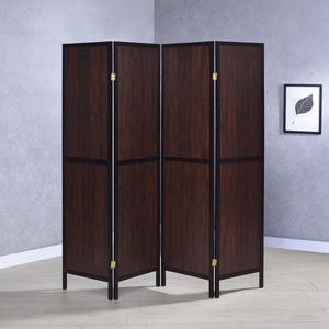  this four-panel screen emits a classic aura. The sleek legs feature a dark finish that complements the wood with structure. An exposed wood grain is given depth with a tobacco finish. Classic in color and silhouette