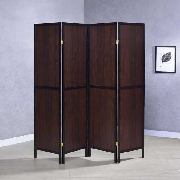  this four-panel screen emits a classic aura. The sleek legs feature a dark finish that complements the wood with structure. An exposed wood grain is given depth with a tobacco finish. Classic in color and silhouette