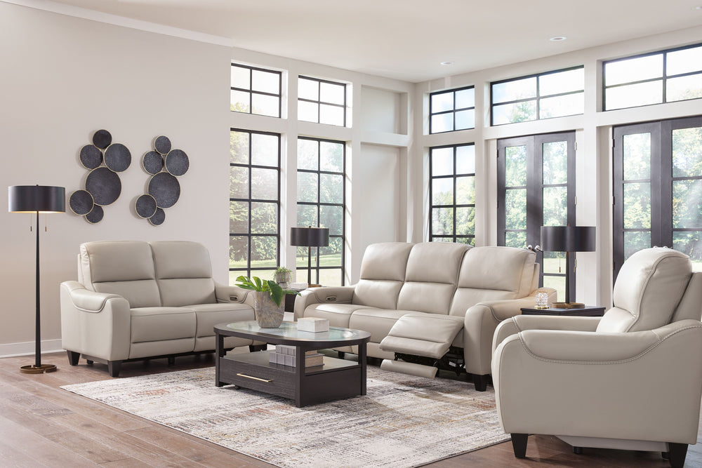 This power reclining sofa with matching loveseat and recliner set puts a sleek twist on laid-back living. It satisfies your desire for comfort without being bulky in design, thanks to subtly incorporated one-touch reclining and adjustable headrests. With 
