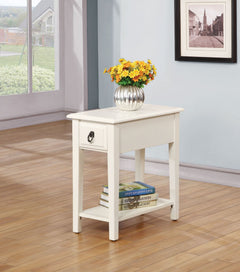 The Jeana occasional table features smooth table top, storage drawer, square/tapered legs and convenient bottom shelf-board. Expertly crafted with selected woods, and veneers in white finish. This beautiful casual style that will make a great addition for