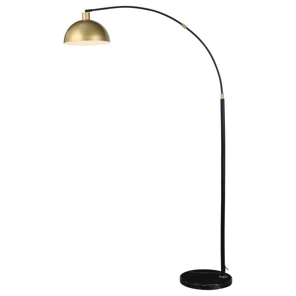 Put last touches on a home office workspace or cozy sitting area with a modern industrial arc floor lamp. Its fluid silhouette is anchored with a black marble base, creating weight and stability to support its arcing silhouette. A black finish framework i