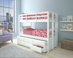 The Micah twin over twin bunk bed is the perfect solution for shared or small spaces. The white mission style platform bunk beds are made from solid wood frames and features a trundle with three drawers for extra storage, full length guard rail on top bed