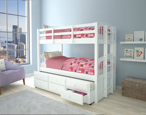The Micah twin over twin bunk bed is the perfect solution for shared or small spaces. The white mission style platform bunk beds are made from solid wood frames and features a trundle with three drawers for extra storage, full length guard rail on top bed