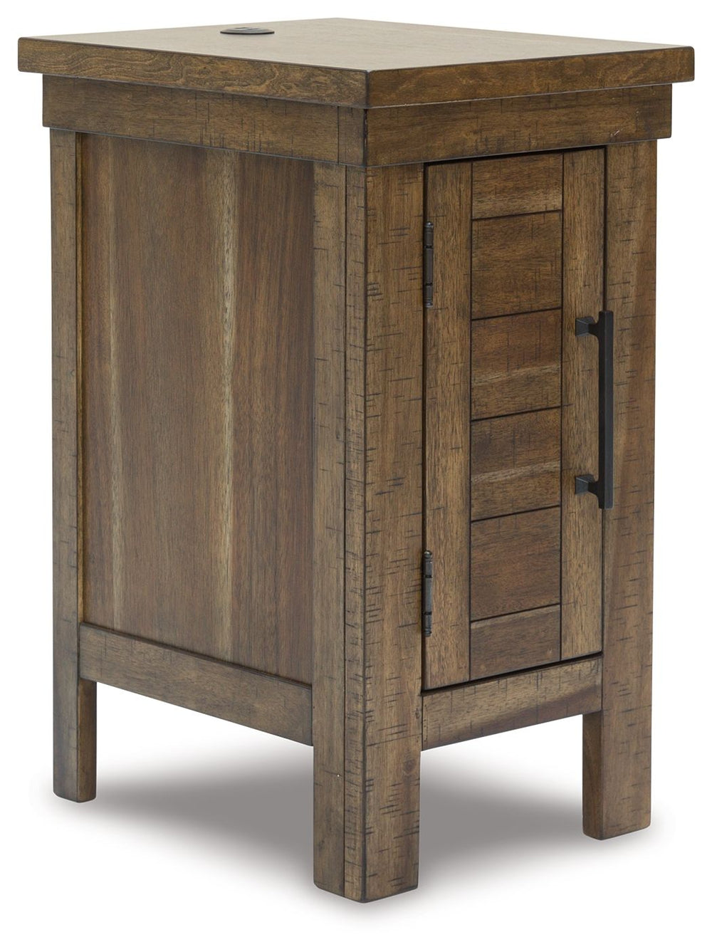 This chairside end table might appear simple at first sight. But a closer look reveals beauty in the details. With a plank-effect cabinet door, a tobacco brown finish and antiqued bronze-tone hardware, itâ€™s simply beaming with charm. This side table-'s 
