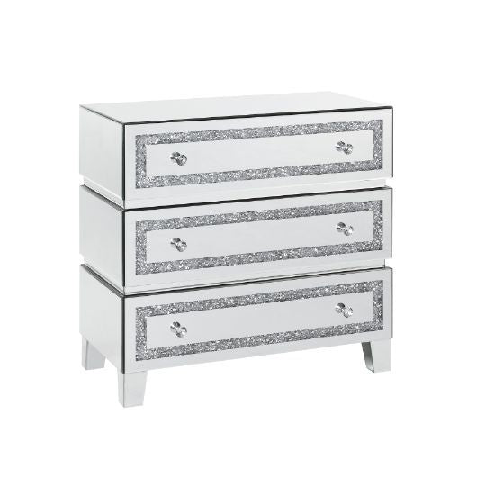 The Noor Cabinet will add a contemporary touch to any room in your home. With its clean lines and faux diamond inlay, this brilliant cabinet showcases a distinctive style for an intriguing look. The cabinet features two doors and two storage drawers with 