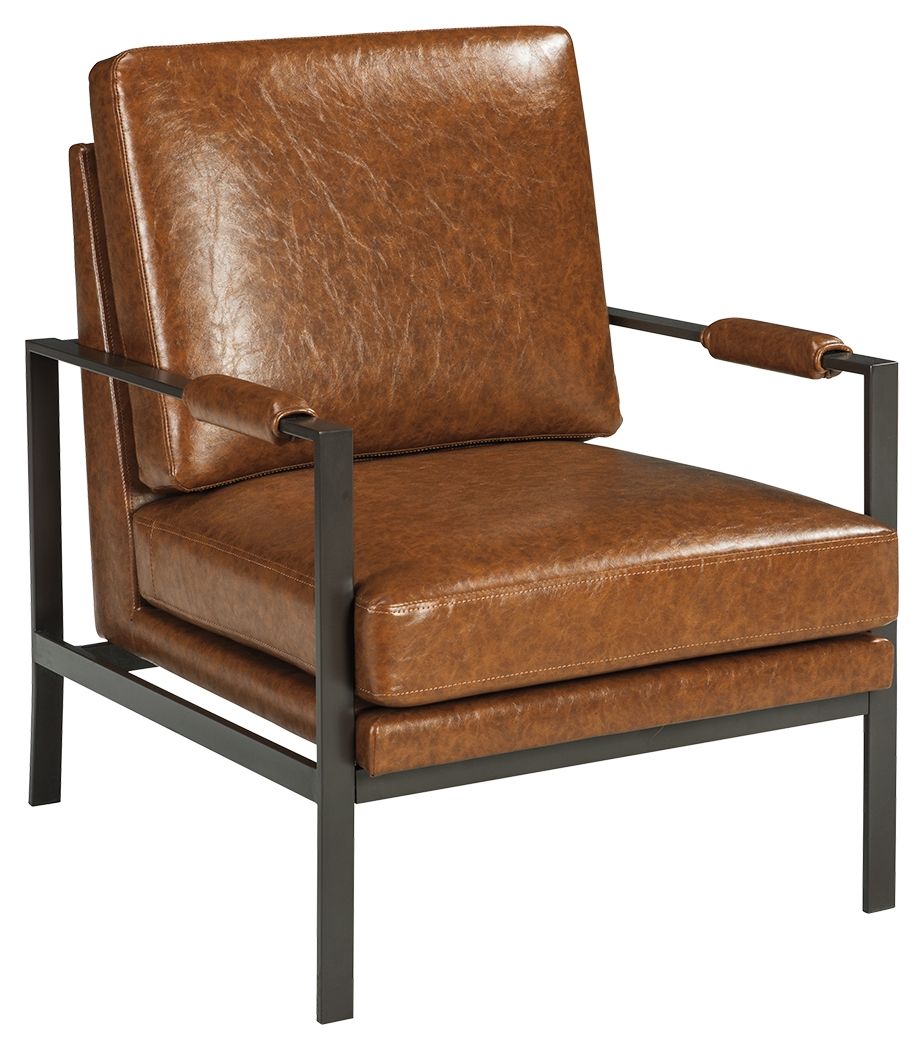 Find the perfect balance of high style and plush comfort with this accent chair. Ultra-linear metal frame and box seat cushion styling are sure to appeal to contemporary tastes. Weathered faux leather in a light brown tone give this cool chair a sense of 