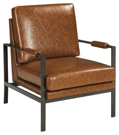 Find the perfect balance of high style and plush comfort with this accent chair. Ultra-linear metal frame and box seat cushion styling are sure to appeal to contemporary tastes. Weathered faux leather in a light brown tone give this cool chair a sense of 
