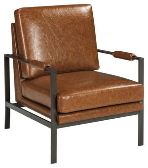 Find the perfect balance of high style and plush comfort with this accent chair. Ultra-linear metal frame and box seat cushion styling are sure to appeal to contemporary tastes. Weathered faux leather in a light brown tone give this cool chair a sense of 