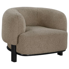 Build a refined, approachable living room aesthetic around this charming modern accent chair. It-'s a barrel back silhouette that impresses with strong, enduring lines that create a welcoming ambiance. Heavily textured upholstery adds neutral allure, perf