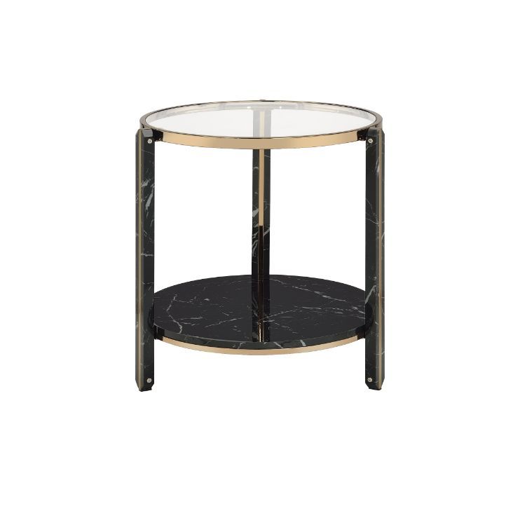 â€¢1 Tier Shelfâ€¢Round End Tableâ€¢Table Top Thickness: 0.2-"â€¢Tempered Glass Top<br/><br/><b>Product Features</b><ul><li>Case: 1Pc/1Ctn</li><li>Finish: Clear Glass, Faux Black Marble & Champagne Finish</li><li>Style: Contemporary</li><li>Materials: Met