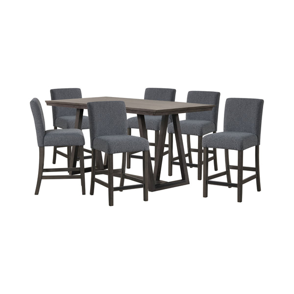 The High Line 7 Piece Counter Dining Set combines style, durability, and comfort to enhance your dining experience. This set includes a counter-height trestle table and six gray upholstered counter chairs, designed to provide both functionality and aesthe