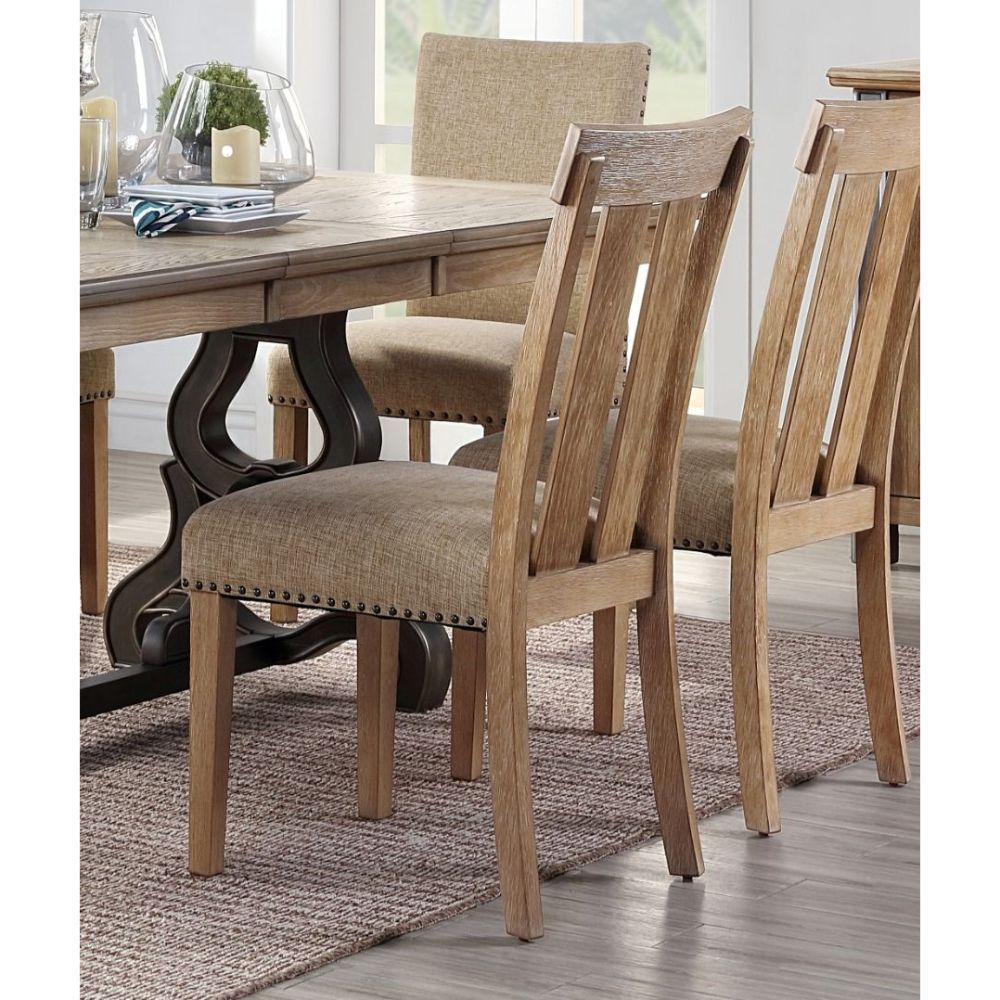 Make your dining room the centerpiece of your home with the Nathaniel dining set. This unique extendable table features a maple wood table top that sits atop an elegant, trestle base. Paring the side and arm chairs with upholstered cushions and nail-head 