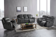 The Tango 3-Piece Motion Upholstery Set in Shadow Gray offers a dynamic combination of comfort, style, and convenience. This set includes a dual reclining sofa, console loveseat, and glider recliner, all constructed with durable hardwood and plywood frame