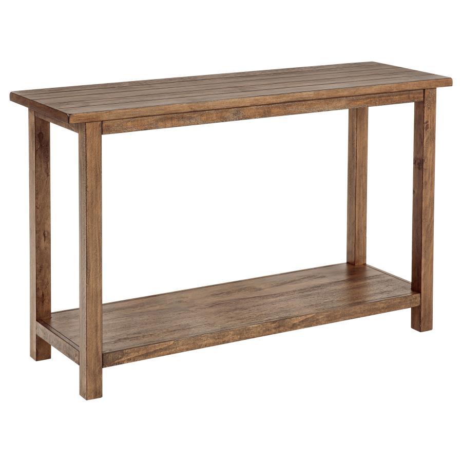 Crafted to complement both entryways and living rooms, this console table showcases a rustic aesthetic and versatile appeal. Fashioned from pine wood and reinforced with engineered wood, its open lower shelf provides ample space for baskets or decorative 