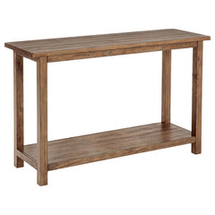 Crafted to complement both entryways and living rooms, this console table showcases a rustic aesthetic and versatile appeal. Fashioned from pine wood and reinforced with engineered wood, its open lower shelf provides ample space for baskets or decorative 