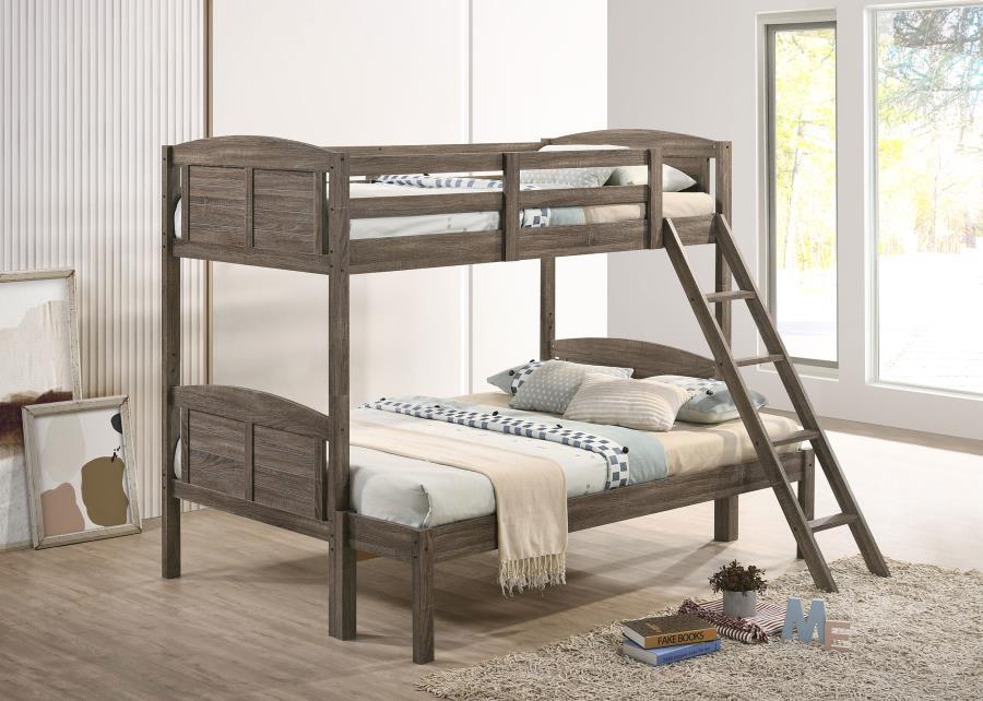 A casual country vibe carries the space with this rustic bunk bed, perfect for compact bedrooms and shared sibling spaces. A weathered brown finish lends a neutral hue to transform a space into a serene, restful retreat. Along the top bunk are safety guar