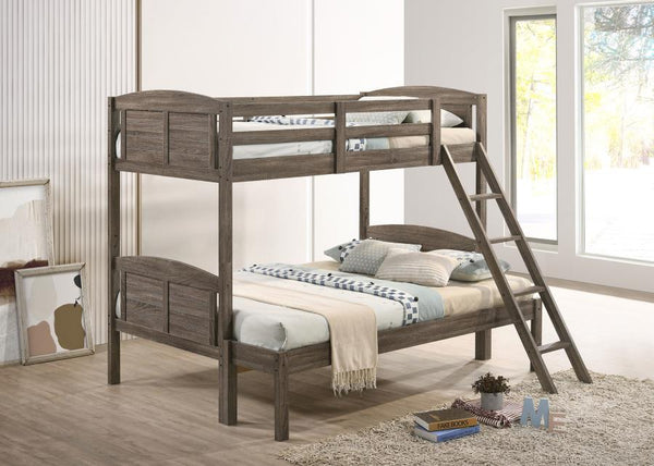 A casual country vibe carries the space with this rustic bunk bed, perfect for compact bedrooms and shared sibling spaces. A weathered brown finish lends a neutral hue to transform a space into a serene, restful retreat. Along the top bunk are safety guar