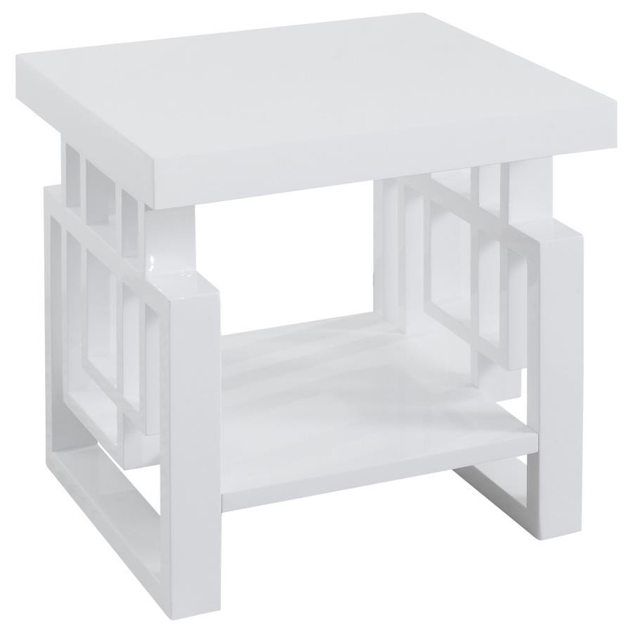 This modern square end table is a stylish addition to any living room or bedroom. Made from durable engineered wood, it features a sleek white high-gloss finish for a polished and contemporary look. The geometric leg design adds a unique architectural ele