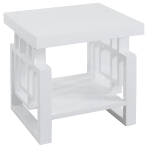 This modern square end table is a stylish addition to any living room or bedroom. Made from durable engineered wood, it features a sleek white high-gloss finish for a polished and contemporary look. The geometric leg design adds a unique architectural ele