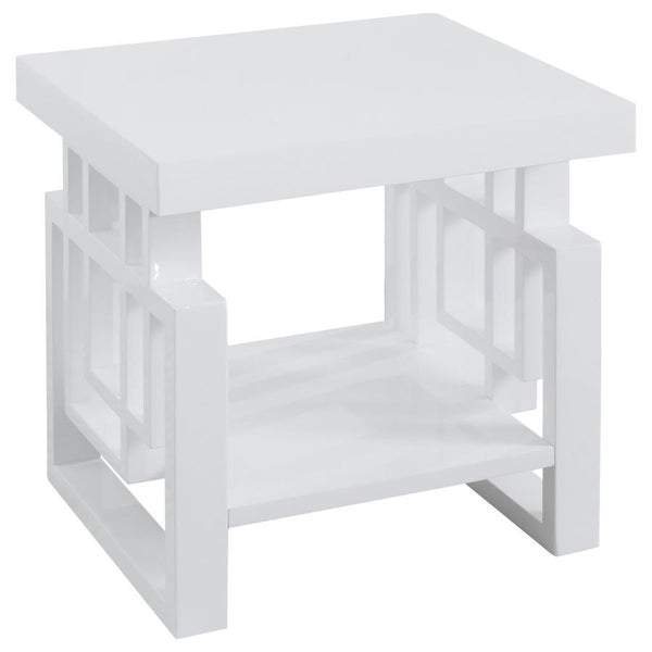 This modern square end table is a stylish addition to any living room or bedroom. Made from durable engineered wood, it features a sleek white high-gloss finish for a polished and contemporary look. The geometric leg design adds a unique architectural ele