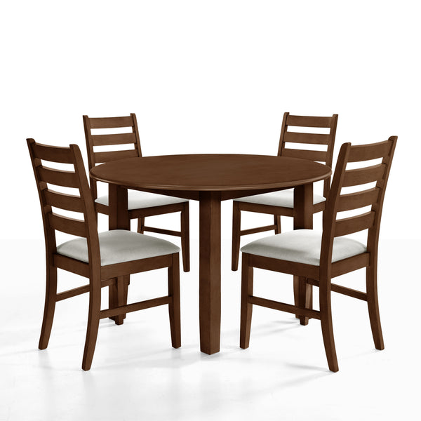  featuring a round wood table and four dining chairs. Crafted from a blend of solid Rubberwood and manufactured woods