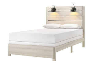 This bedroom set marries rustic appeal with contemporary lines, offering a cozy yet refined aesthetic to any modern home. The set features a generously sized bed with a broad, planked headboard with integrated sconces, creating an inviting ambiance. Flank