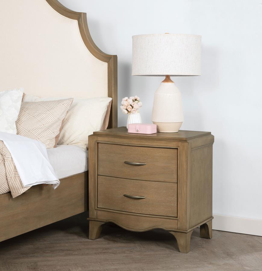 This French Provincial-inspired nightstand blends classic elegance with modern convenience. Crafted from solid poplar, engineered wood, and mango veneer, it showcases a washed mango finish that highlights the natural wood grain. Two spacious drawers provi